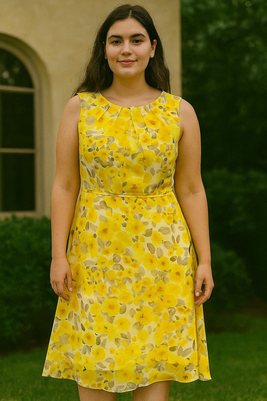 Butter Yellow Mocha Mousse Floral Midi spring Flowy, coquette Dress size 16